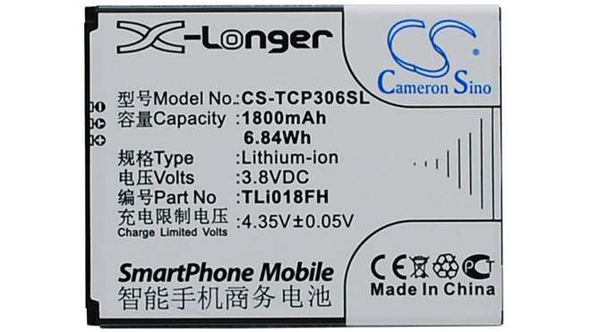 Аккумуляторная батарея TLi018FH для телефонов, смартфонов TCL. Артикул iB-M2896.Емкость (mAh): 1800. Напряжение (V): 3,8