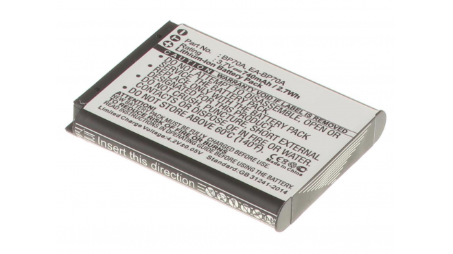 Аккумуляторная батарея SLB-70A для фотоаппаратов и видеокамер Samsung. Артикул iB-F265.Емкость (mAh): 740. Напряжение (V): 3,7