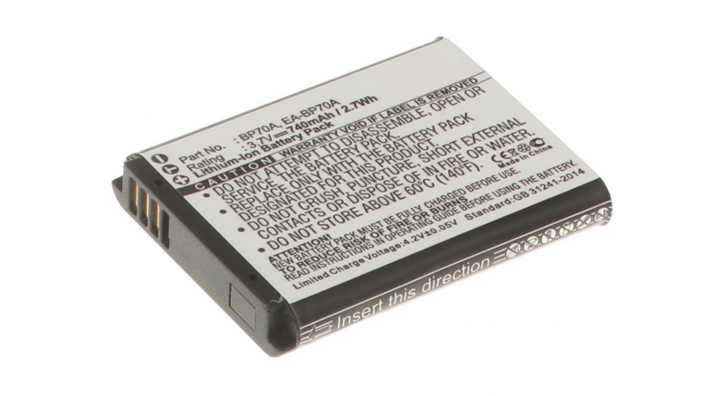 Аккумуляторная батарея BP-70A для фотоаппаратов и видеокамер Samsung. Артикул iB-F265.Емкость (mAh): 740. Напряжение (V): 3,7