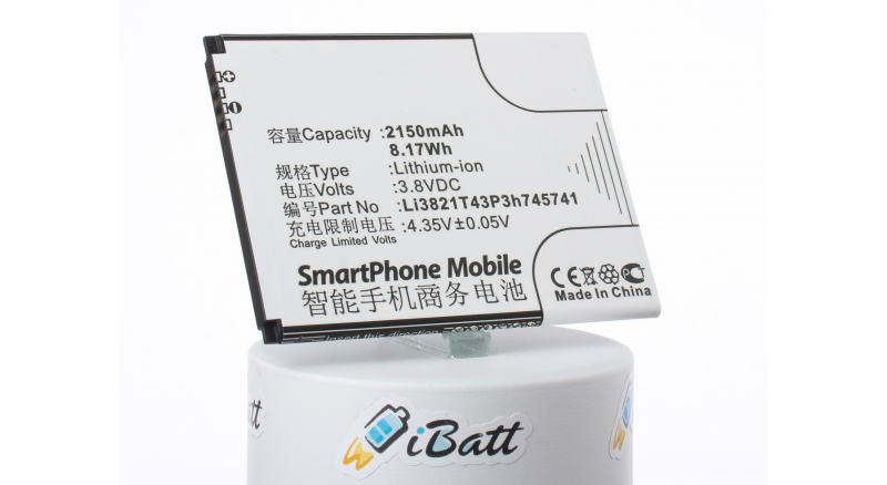 Аккумуляторная батарея Li3821T43P3h745741 для телефонов, смартфонов ZTE. Артикул iB-M3059.Емкость (mAh): 2150. Напряжение (V): 3,8