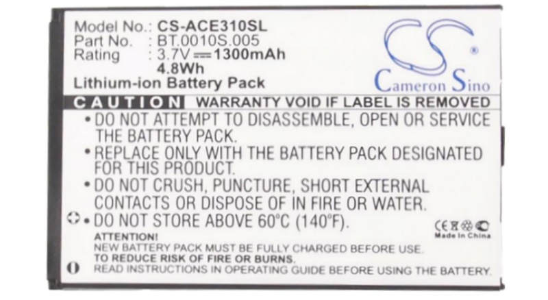 Аккумуляторная батарея BT.0010S.005 для телефонов, смартфонов Acer. Артикул iB-M409.Емкость (mAh): 1300. Напряжение (V): 3,7