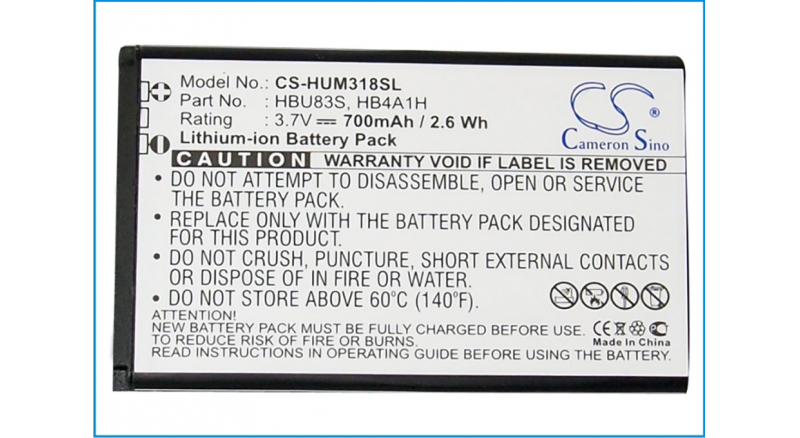 Аккумуляторная батарея для телефона, смартфона Huawei V715. Артикул iB-M1101.Емкость (mAh): 700. Напряжение (V): 3,7