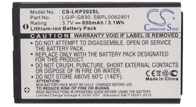 Аккумуляторная батарея для телефона, смартфона LG MG230D. Артикул iB-M177.Емкость (mAh): 850. Напряжение (V): 3,7