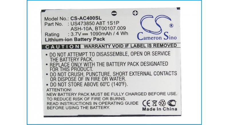 Аккумуляторная батарея ASH-10A для телефонов, смартфонов Acer. Артикул iB-M369.Емкость (mAh): 1090. Напряжение (V): 3,7