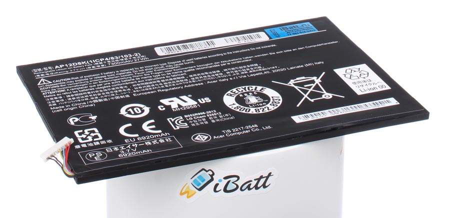 Аккумуляторная батарея для ноутбука Acer Iconia Tab W511 32Gb. Артикул iB-A640.Емкость (mAh): 7300. Напряжение (V): 3,7