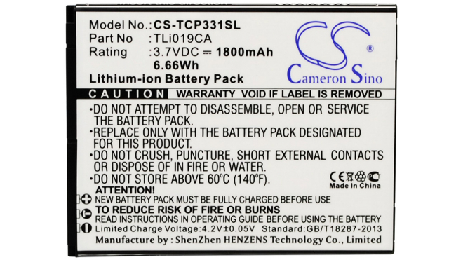 Аккумуляторная батарея TLi019CA для телефонов, смартфонов TCL. Артикул iB-M2898.Емкость (mAh): 1800. Напряжение (V): 3,7