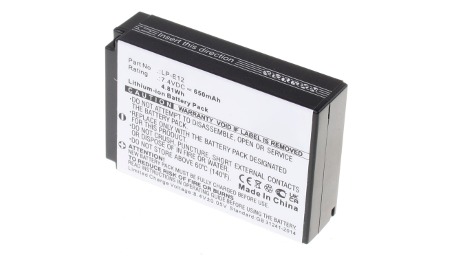 Аккумуляторная батарея LP-E12 для фотоаппаратов и видеокамер Canon. Артикул iB-F477.Емкость (mAh): 650. Напряжение (V): 7,4