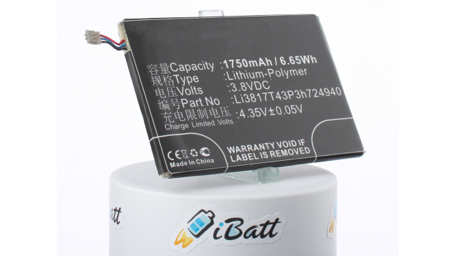 Аккумуляторная батарея Li3817T43P3h724940 для телефонов, смартфонов ZTE. Артикул iB-M1111.Емкость (mAh): 1750. Напряжение (V): 3,8