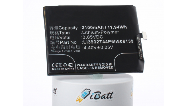 Аккумуляторная батарея Li3932T44P6h806139 для телефонов, смартфонов ZTE. Артикул iB-M3087.Емкость (mAh): 3100. Напряжение (V): 3,85