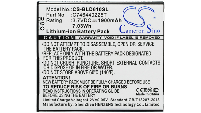 Аккумуляторная батарея C746440225T для телефонов, смартфонов BLU. Артикул iB-M1505.Емкость (mAh): 1900. Напряжение (V): 3,7