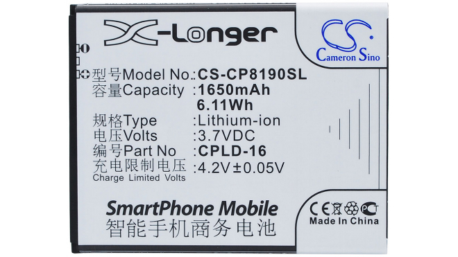 Аккумуляторная батарея для телефона, смартфона Coolpad 8190Q. Артикул iB-M1631.Емкость (mAh): 1650. Напряжение (V): 3,7