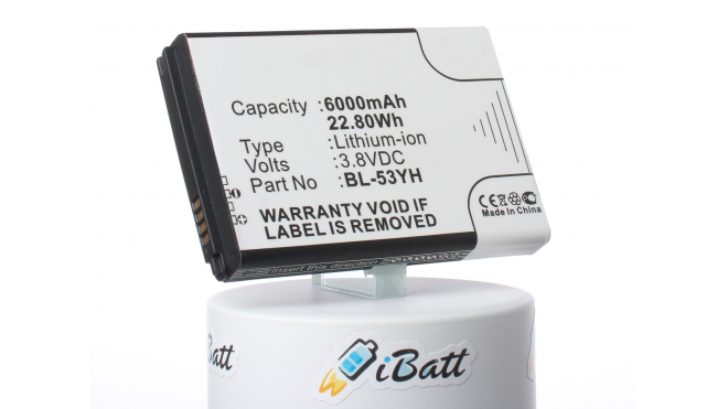 Аккумуляторная батарея BL-53YH для телефонов, смартфонов LG. Артикул iB-M719.Емкость (mAh): 6000. Напряжение (V): 3,8
