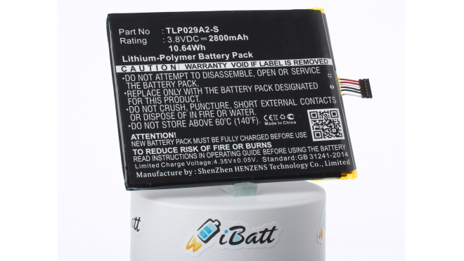Аккумуляторная батарея TLP029A2-S для телефонов, смартфонов TCL. Артикул iB-M1253.Емкость (mAh): 2800. Напряжение (V): 3,8