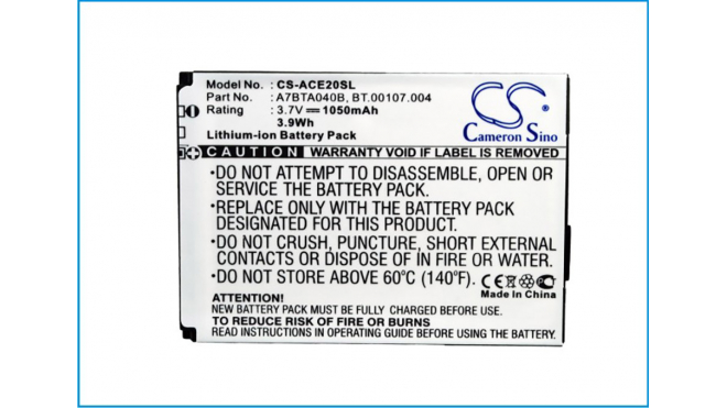 Аккумуляторная батарея для телефона, смартфона Acer L1. Артикул iB-M1191.Емкость (mAh): 1050. Напряжение (V): 3,7