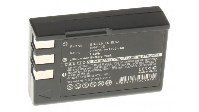 Аккумуляторная батарея EN-EL9e для фотоаппаратов и видеокамер Nikon. Артикул iB-F192.Емкость (mAh): 1000. Напряжение (V): 7,4