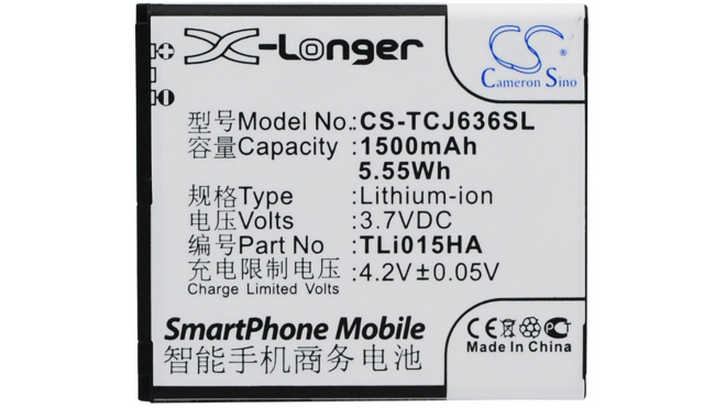 Аккумуляторная батарея TLi015HA для телефонов, смартфонов TCL. Артикул iB-M2892.Емкость (mAh): 1500. Напряжение (V): 3,7