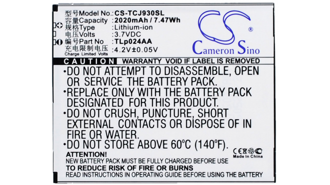 Аккумуляторная батарея TLp024AA для телефонов, смартфонов TCL. Артикул iB-M2907.Емкость (mAh): 2020. Напряжение (V): 3,7