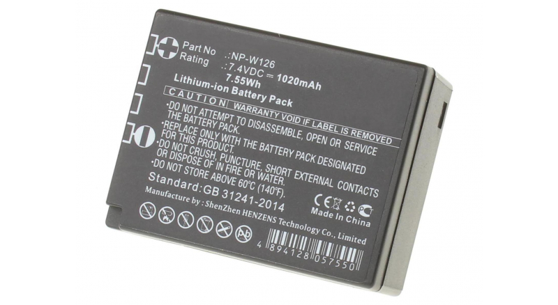 Аккумуляторная батарея NP-W126S для фотоаппаратов и видеокамер FujiFilm. Артикул iB-F152.Емкость (mAh): 1020. Напряжение (V): 7,4