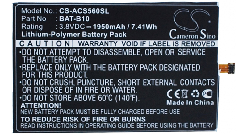 Аккумуляторная батарея BAT-B10 для телефонов, смартфонов Acer. Артикул iB-M905.Емкость (mAh): 1950. Напряжение (V): 3,8