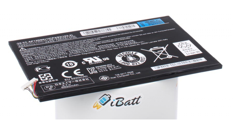 Аккумуляторная батарея для ноутбука Acer Iconia Tab W511 64GB dock  NT.L0NER.001. Артикул iB-A640.Емкость (mAh): 7300. Напряжение (V): 3,7