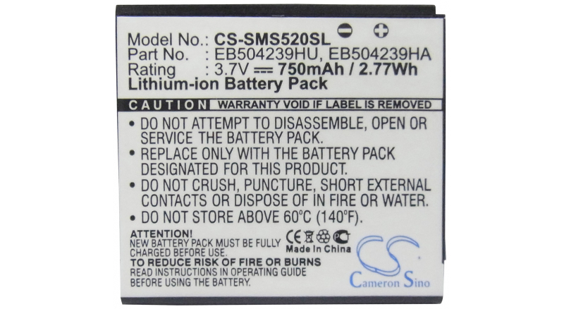 Аккумуляторная батарея для телефона, смартфона Samsung GT-S5200c. Артикул iB-M2680.Емкость (mAh): 750. Напряжение (V): 3,7
