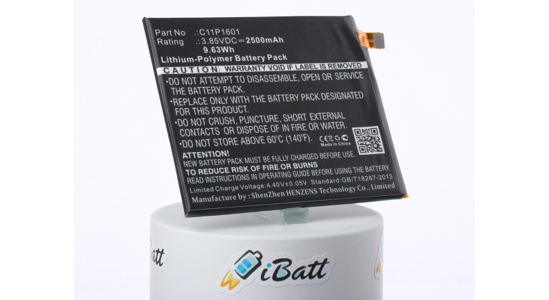 Аккумуляторная батарея C11P1601 для телефонов, смартфонов Asus. Артикул iB-M1315.Емкость (mAh): 2500. Напряжение (V): 3,85