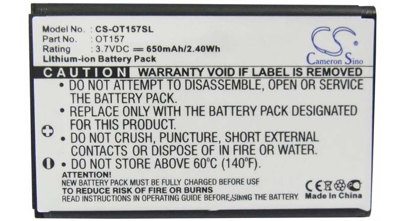 Аккумуляторная батарея CS-OT157SL для телефонов, смартфонов Alcatel. Артикул iB-M1238.Емкость (mAh): 650. Напряжение (V): 3,7
