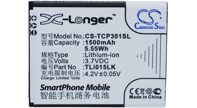 Аккумуляторная батарея для телефона, смартфона TCL J326T. Артикул iB-M2893.Емкость (mAh): 1500. Напряжение (V): 3,7