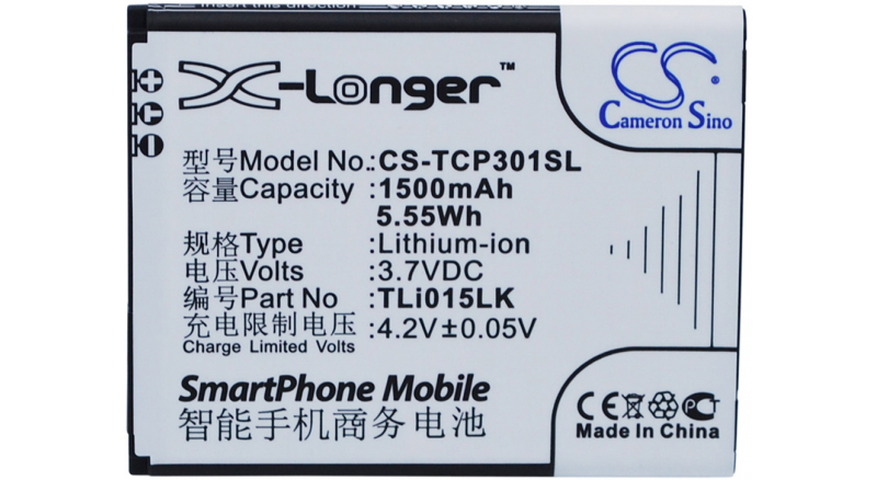 Аккумуляторная батарея для телефона, смартфона TCL P301M. Артикул iB-M2893.Емкость (mAh): 1500. Напряжение (V): 3,7