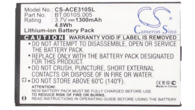 Аккумуляторная батарея iBatt iB-M409 для телефонов, смартфонов AcerЕмкость (mAh): 1300. Напряжение (V): 3,7