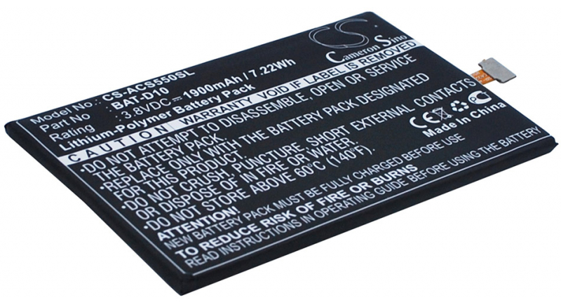 Аккумуляторная батарея BAT-D10 для телефонов, смартфонов Acer. Артикул iB-M907.Емкость (mAh): 1900. Напряжение (V): 3,8